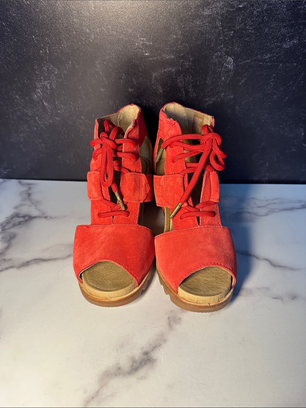 Sorel Red Suede Lace-Up Peep Toe Chunky Heels